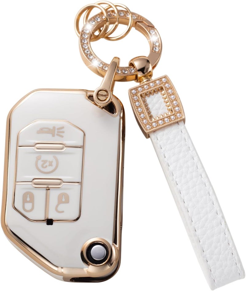 CACARLIKE for Jeep Key Fob Cover with Leather Lanyard, Fob Case Compatible with 2018 2019 2020 2021 2022 Wrangler Gladiator JL JLU Rubicon Smart Key Protector Holder - Image 1